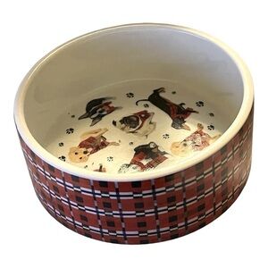 DESIGNER Christmas porcelain dog bowl plaid outside, dogs in scarves inside.